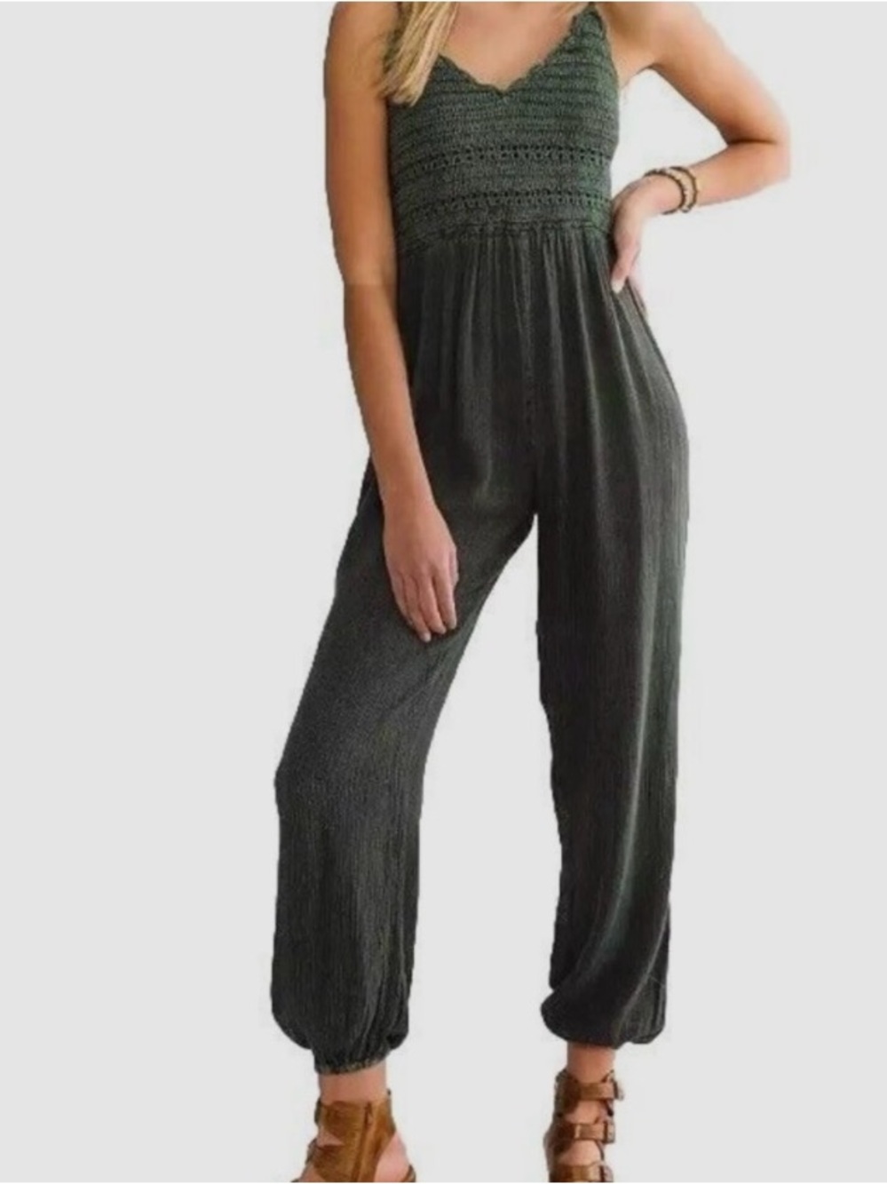 NWT Angie Sz L Forest Green Crochet Top Rayon Romper Jumpsuit
